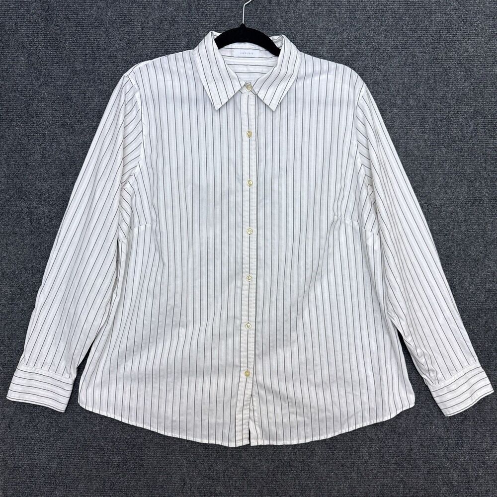 Charter Club Womens Button Down Shirt 16W White Pinstripe Long Sleeve Iron Free